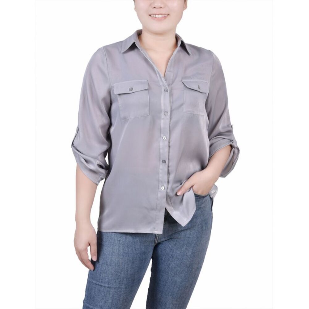 NY Collection Petite 3/4 Sleeve Satin Blouse